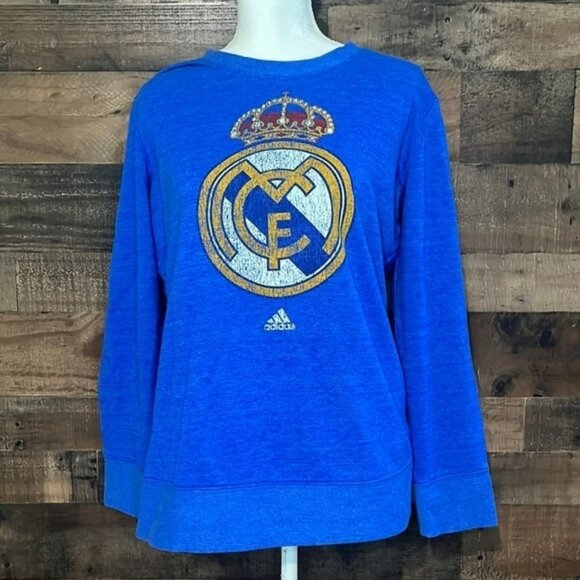 Adidas Heathered Blue Real Madrid Comfy Crew Primary Logo Tri-Blend Sweatshirt L - Picture 1 of 3